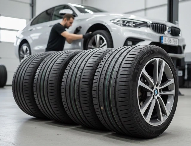 Ein Satz neuer Sommerreifen, bereit zur Montage an einem Pkw in einer Autowerkstatt. Reifenwechsel auf Sommerreifen in einer Reifenwerkstatt.
